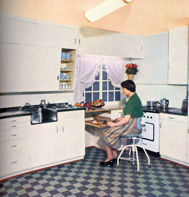 MK-kjøkkenet fra AS Moderne Kjøkken. Standardfargen var hvitt, men man kunne male innredningen etter ønske. Bilde fra reklame i BONYTT, nr 1 1955.