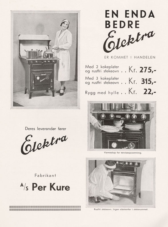 Reklame for Elektra-komfyren, Hus & Have, 1932. Legg merke til at komfyren både har steikeovn og varmeskap/tallerkenvarmer.