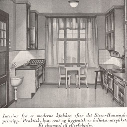 Et moderne kjøkken anno 1930. «Et eksempel til etfterfølgelse» Legg merke til at det er belysning i underkant av overskapene. Fra Hus & Have, nr 2 1930.
