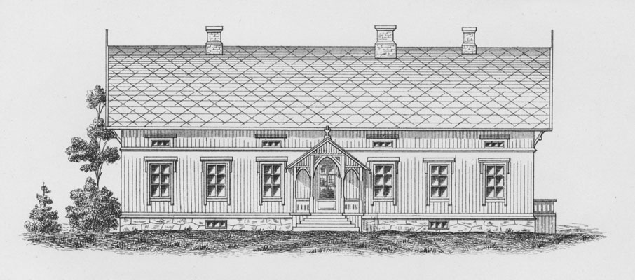 Forslag til gårdshus. Tegning fra boka «Kortfattet veiledning i Bygningsvæsen paa Landet», G. Tandberg 1890.
