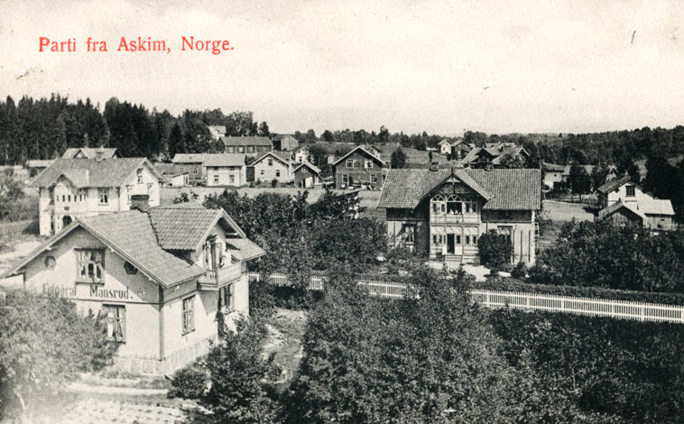 Typisk tettsted i nærheten av jernbanestasjon. Bebyggelse oppført i sveitserstil, fotografert tidlig 1900.